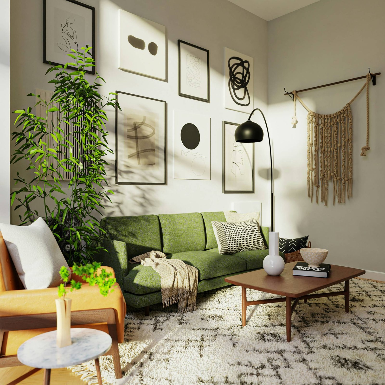 Salón con sofá verde y obras de arte, diseñado por H33